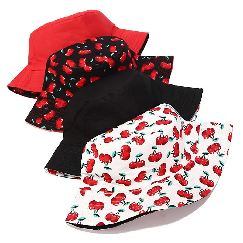 Double-Sided Bucket Hat Creative Strawberry Cherry Fruit Casual Cap Outdoor Sun Hat Wide Brim Hats