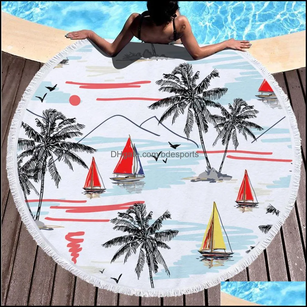 Round beach towel tassel sand blanket bed cover yoga mat polyester table cloth printed outdoor camping picnic blankets