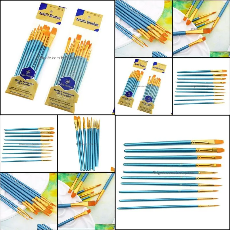 10Pcs/Set Watercolor Gouache Painting Pen Nylon Hair Wooden Handle Paint Brush Set Hot Sale