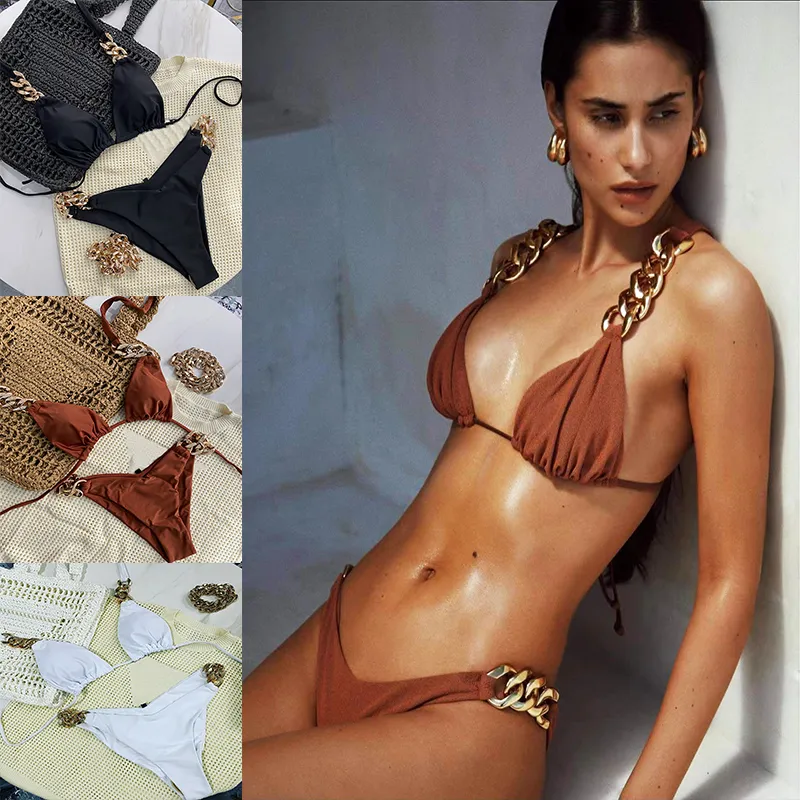 Sexig baddräkt Designer Tvådel brasiliansk bikinisuppsättning kedja baddräkt 2024 Kvinnor PRUT UPP SWIMWEAR Luxury Beachwear XL Kvinnlig Bather Trikini Lady Bikinis 3 färger
