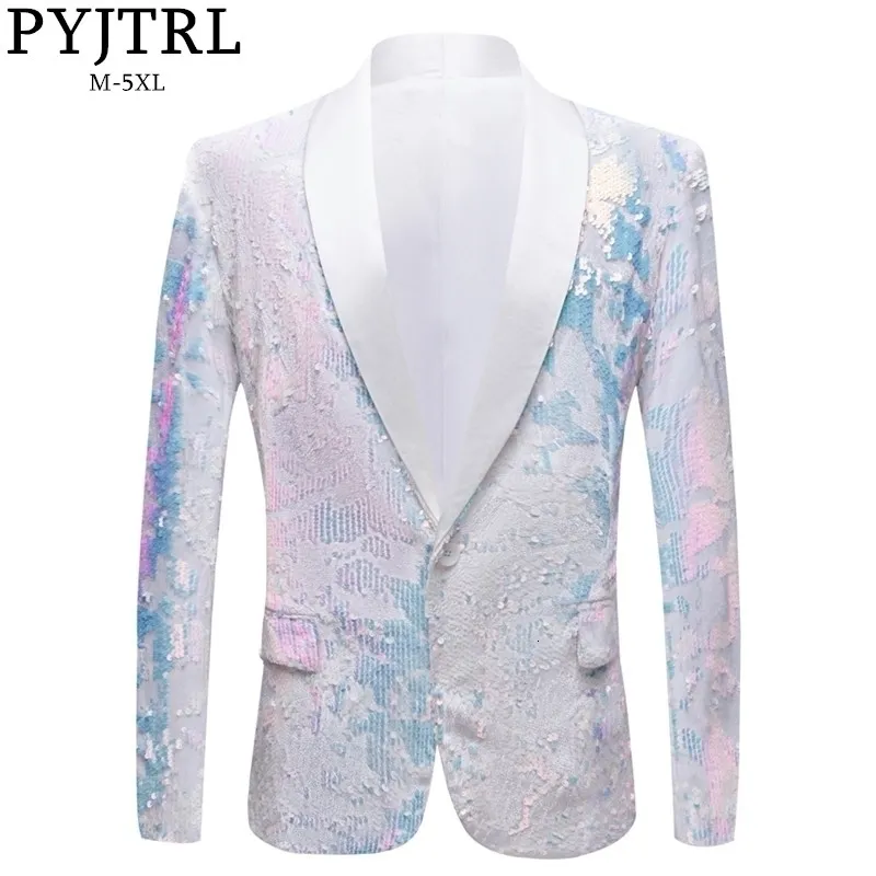 PYJTRL Men Pure White Velvet Fantasy Color Sequins Blazers Night Club Singers Wedding Groom Prom Tuxedo Slim Fit Suit Jacket 201104