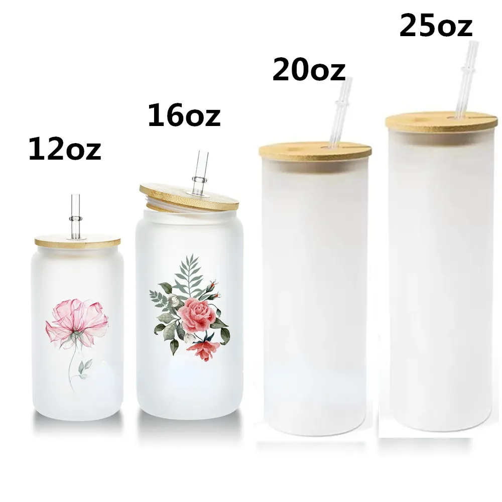 12 Unzen 16 Unzen 20 Unzen 25 Unzen Tassen gerade leere Sublimation mattierte klare transparente Kaffeeglasbecherbecher mit Bambusdeckel und Strohhalm 0322