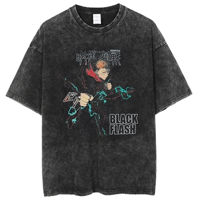 애니메이션 jujutsu kaisen 그래픽 티셔츠 셔츠 남자하라 주쿠 힙합 빈티지 씻은 Tshirts 대형 100면 스트리트웨어 티셔츠 220602