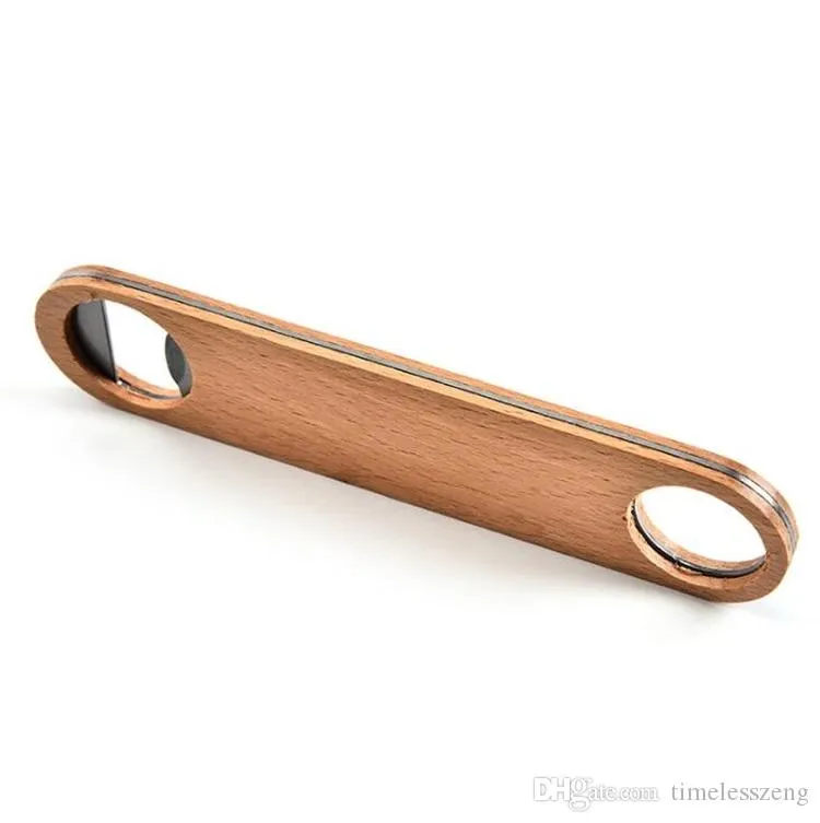 Wooden Flat Beer Bottle Opener Wood Handle Stainless Steel Wine Beer Soda Glass Cap Bottle Opener Creative Kitchen Bar Tools