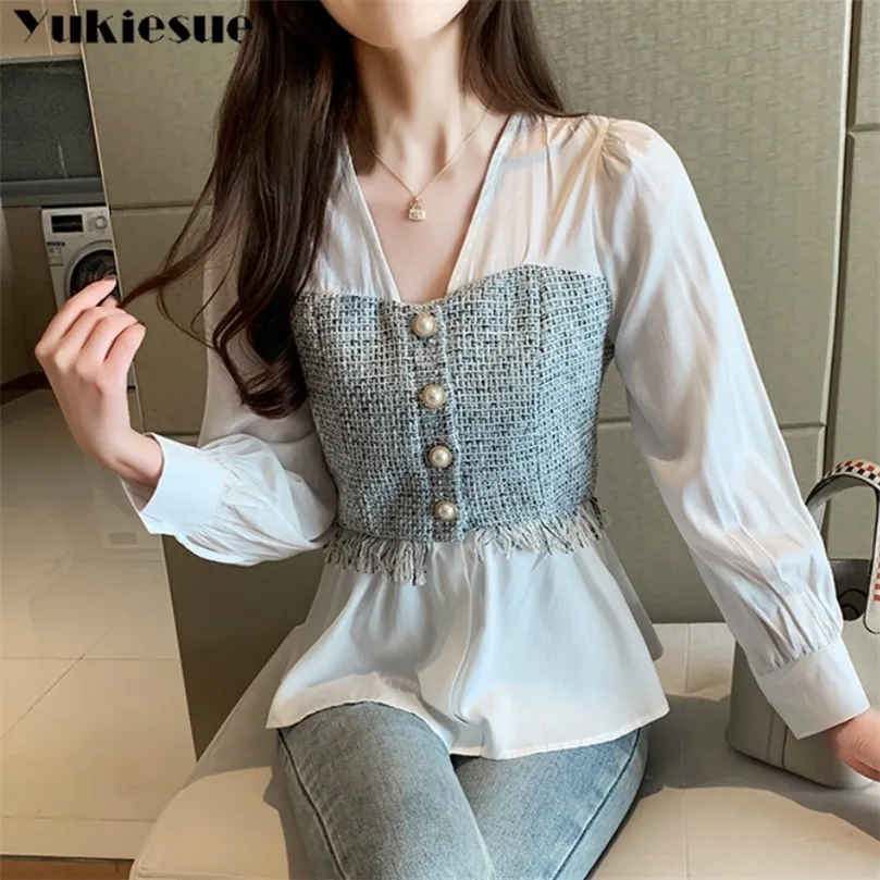 Shirt a maniche lunghe con una maglietta bianca massiccia per dimensioni Plussure Office Lady Lady Tops Women in stile coreano Splose Chiffon Blouse V-Neck Feminina Shirt 210308