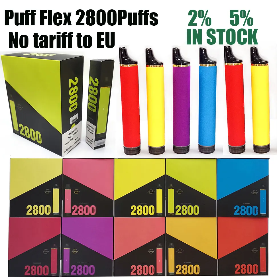 パフフレックス2800パフ2％5％使い捨て電子タバコ蒸気パフ1600蒸気デバイス850MAH 6.5mlポッド40色利用可能なパフ2800対竜巻