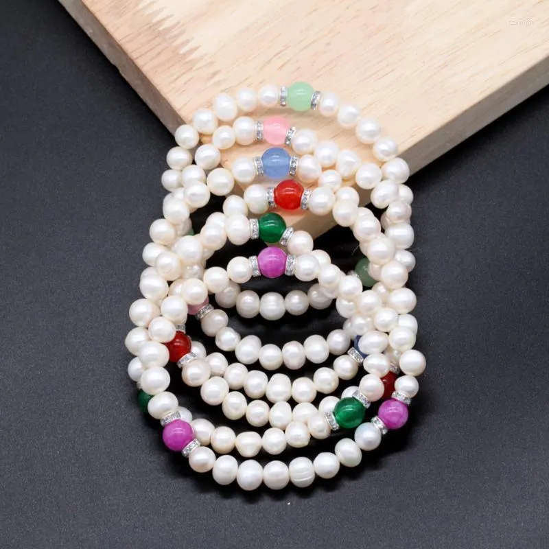 Beaded Strands Fashion Jade White Potato Pearl Bracelets Mix Stone And Pearls Stretch Women Gift Jewelry 5pcs PB007 Fawn22