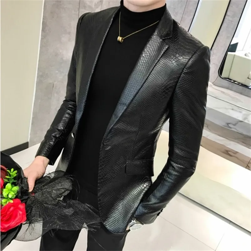 Hommes costume noir Slim Fit Blazer Hombre PU veste en cuir mâle un bouton affaires décontracté bal coréen costume manteau 220801