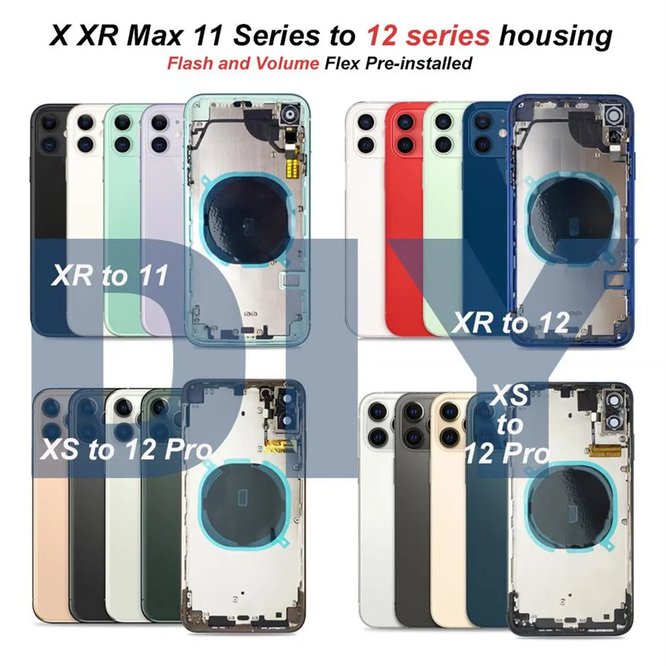 Деловые корпусы конвертируются для iPhone XR, например, XS до 12 11 Pro Max Аккумуляторная крышка заднее стеклянное стеклянное шасси с полным корпусом ASSE250L