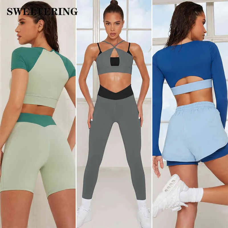 Women Tracksuits Yoga Set Sportswear Gym Clothing Fitness Crop Top Hight Waist Leggings Fit J220706