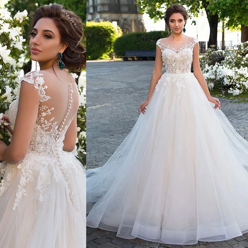 Classic A-Line Wedding Dresses O Neck Cap Shoulder Appliques Sequined Illusion 2022 New Bridal Gowns