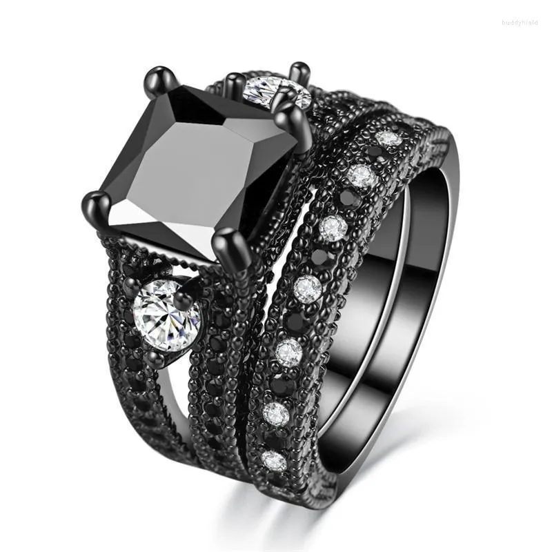 Pierścienie ślubne luksusowe kobiety czarny kryształowy pierścień cyrkon Zestaw do biżuterii