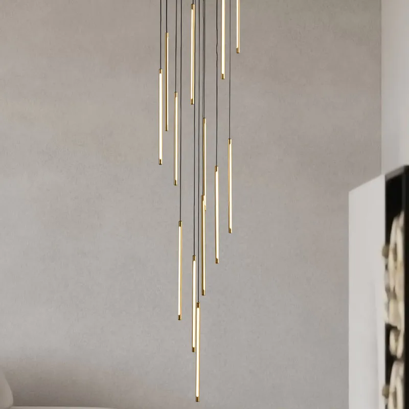 Lâmpadas pendentes de lustre de cobre de tubo moderno para escada Linha preta Design criativo iluminação de lustre de lustre doméstico interno Lustra longa lâmpada