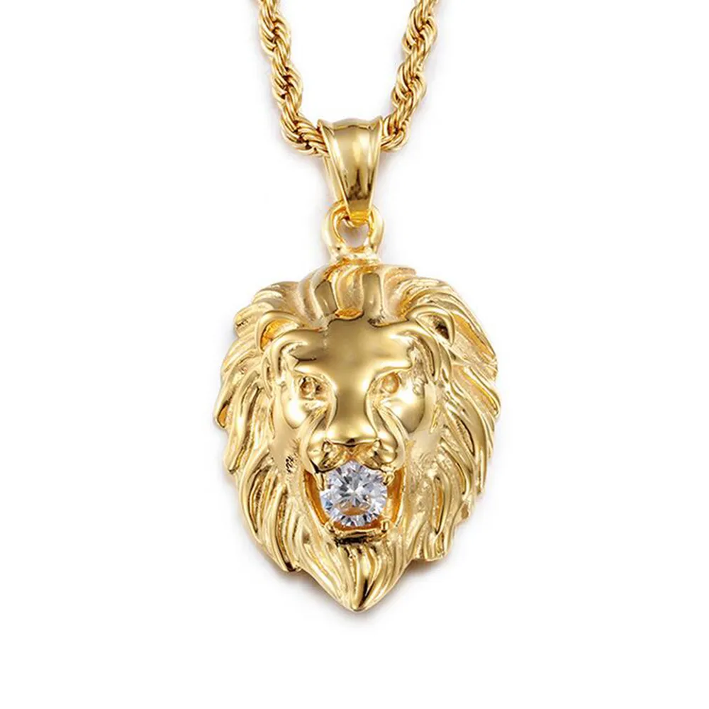 Hommes Femmes 316L Titane Acier Tête De Lion Pendentif Incrusté De Diamant Cool Punk Rock Hip-Hop Or Argent Animal Lion Collier Bijoux 60cm