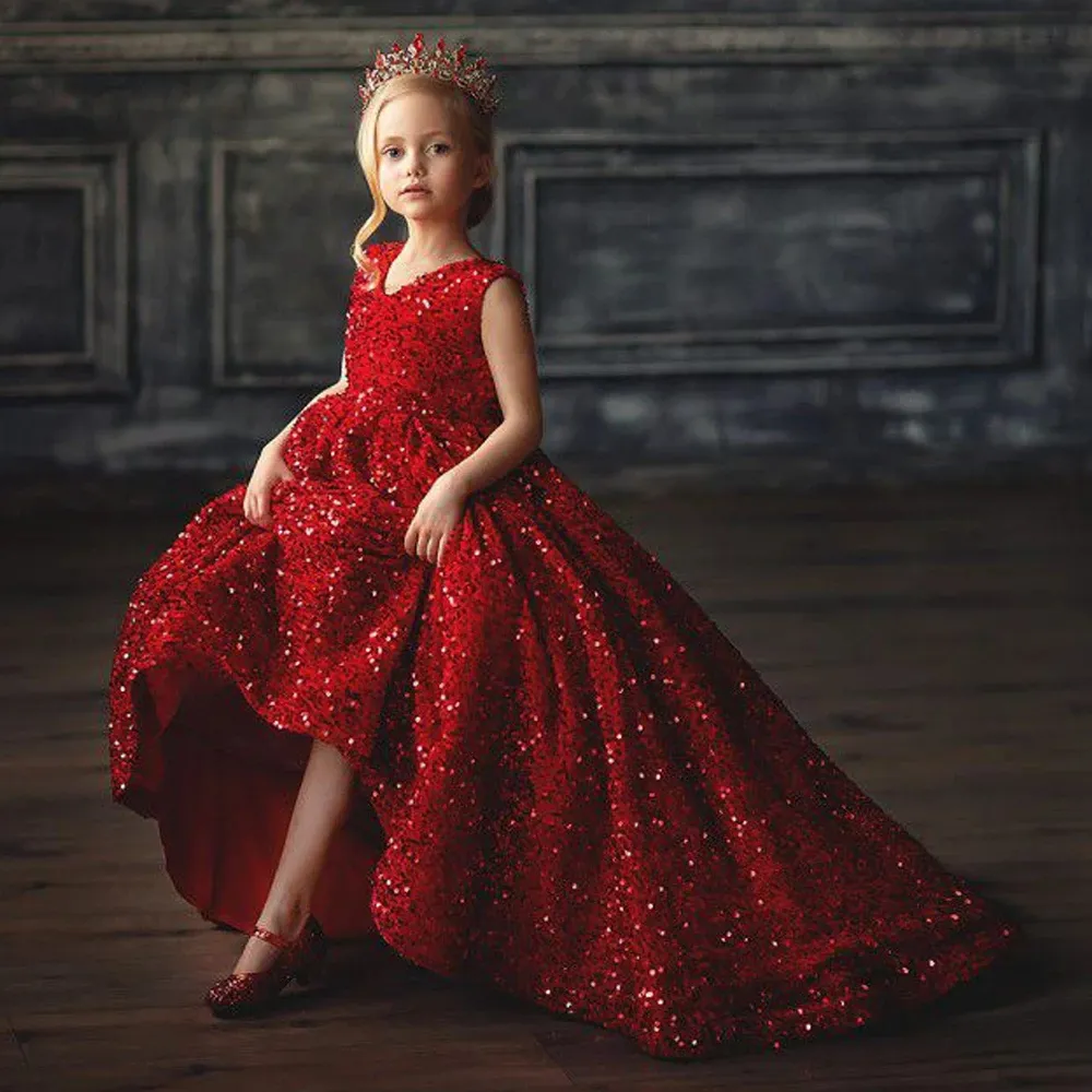 New Red Ball Gown Flower Girl Dress O Neck Sleeveless Glitter Sequin Long Girl Birthday Gown Kids Graduation Party Dresses