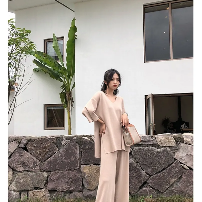 loose knitted suit autumn winter women set loose v neck pullovers sweater knit pants wide legs suit female tracksuit 210203
