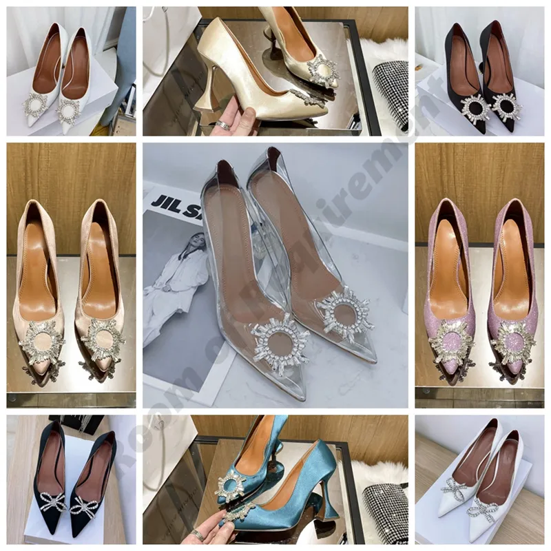 2022 scarpe eleganti 10 cm Begum bowknot pompe in RASO di seta tacchi alti PVC vernice strass sandali trasparenti brillare scarpe da donna in cristallo amina sexy a punta