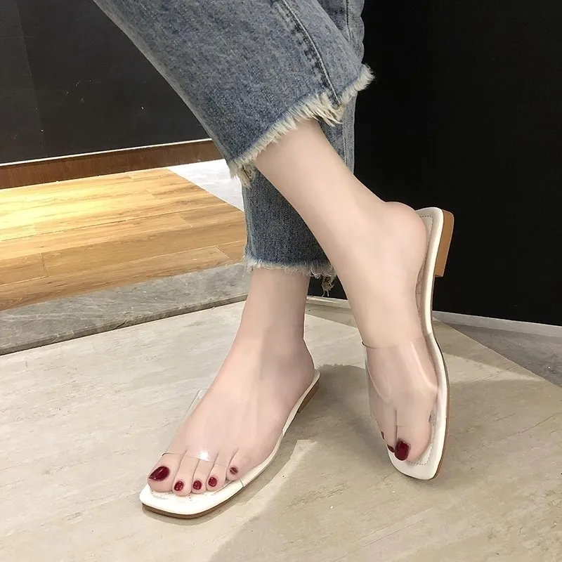 Fashion Summer Clear Transparent Slipper Shoes Slides Peep Toe Square Low Heels Slipper Shoes Mules Zapatos Mujer Y200423