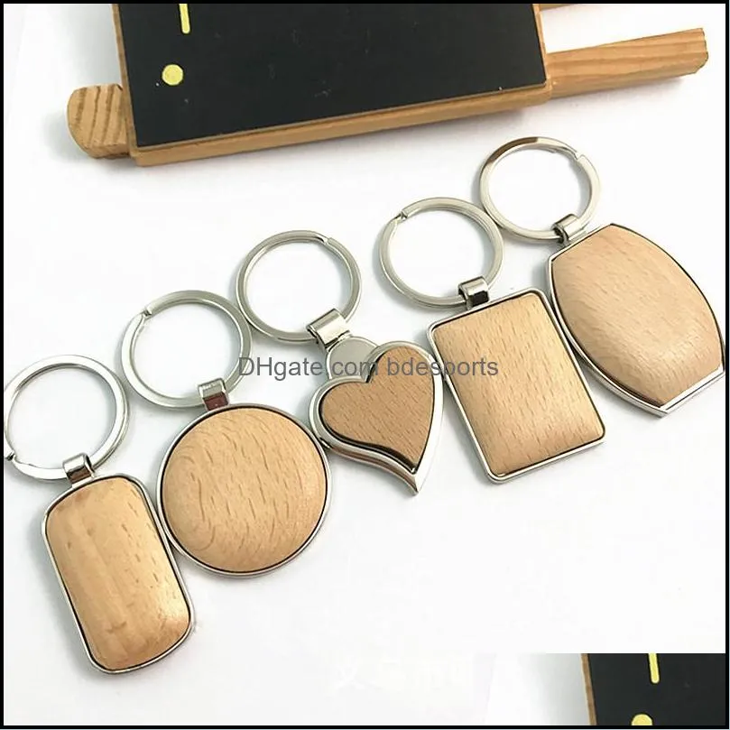 Creative Party Favor DIY Metal Wooden Keychain Key Chains Round Rectangle Heart Shape Blank Wood KeyRings Holders 100pcs 91 p2