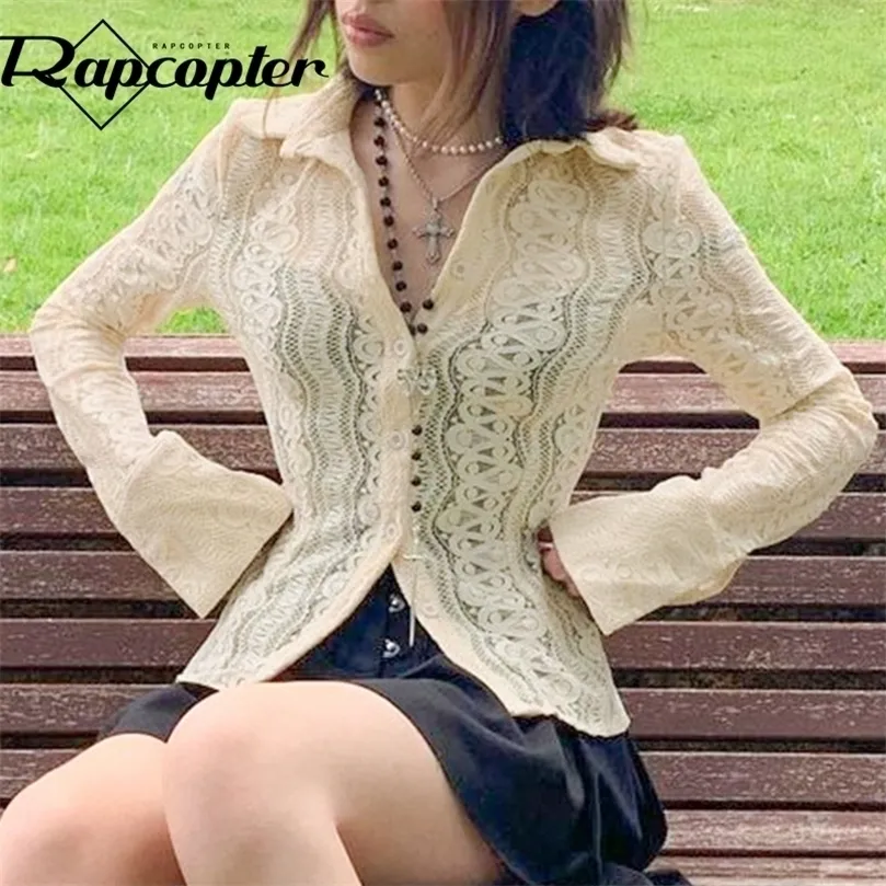 Ropter Y2K Lace Crop Top See Through Button T Shirt Gullig Full Sleeve Slå ner Krage Elegant Tee Kvinnor Retro Koreanska Chic 220407