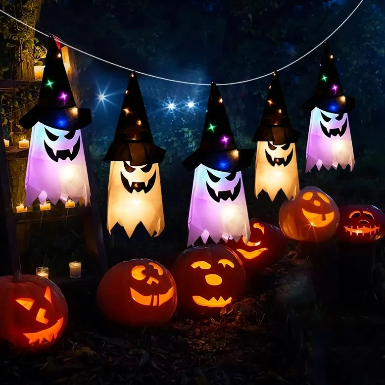Halloween -decoratie led flitsende licht gypsophila spookfestival aankleden gloeiende tovenaar spookhoed lamp decor hangende lantaarn f0812