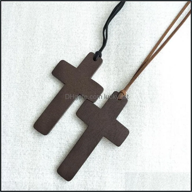 New Simple Wooden Cross necklaces For women Wood Crucifix Pendant with Black Brown String Rope Long chains Fashion Jewelry in Bulk