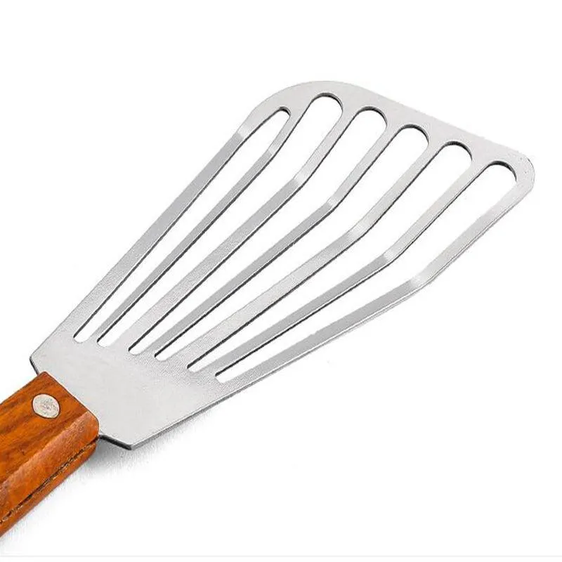 Kitchen Tools Wooden Handle Stainless Steel Cooking Shovel Steak Frying Shovel Drain Shovel