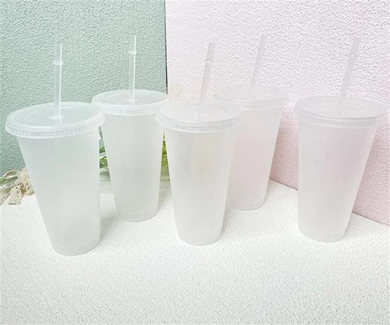 24oz Clear Cup Plastic Transparent Tumbler Summer Reusable Cold Drinking Coffee Juice Mug with lid and straw