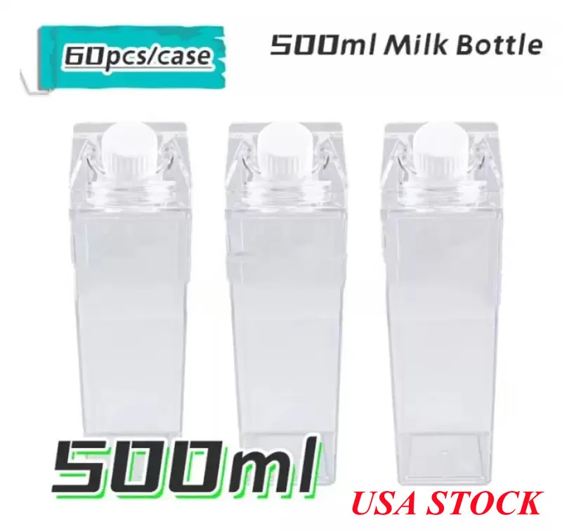 현지 창고 500ml Clear Milk Box 아크릴 플라스틱 텀블러 사각형 우유 병 RTS 미국