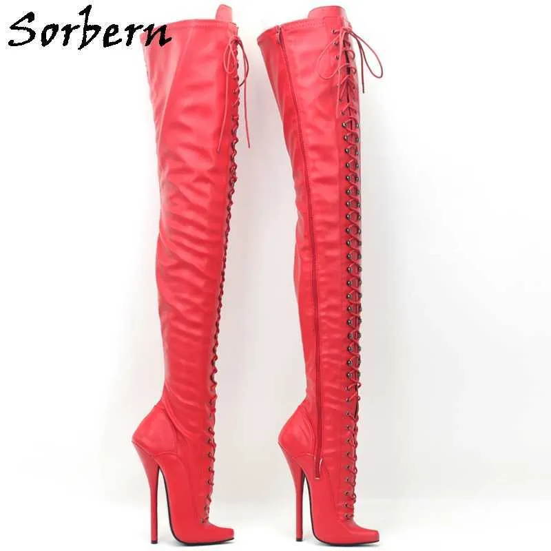 Sorbern Matt Red Crotch Lår Stövlar Crossdresser Skor BDSM Lace Up Drag Queen Long Boot Custom Wide Fit Slim Fit SM Boots