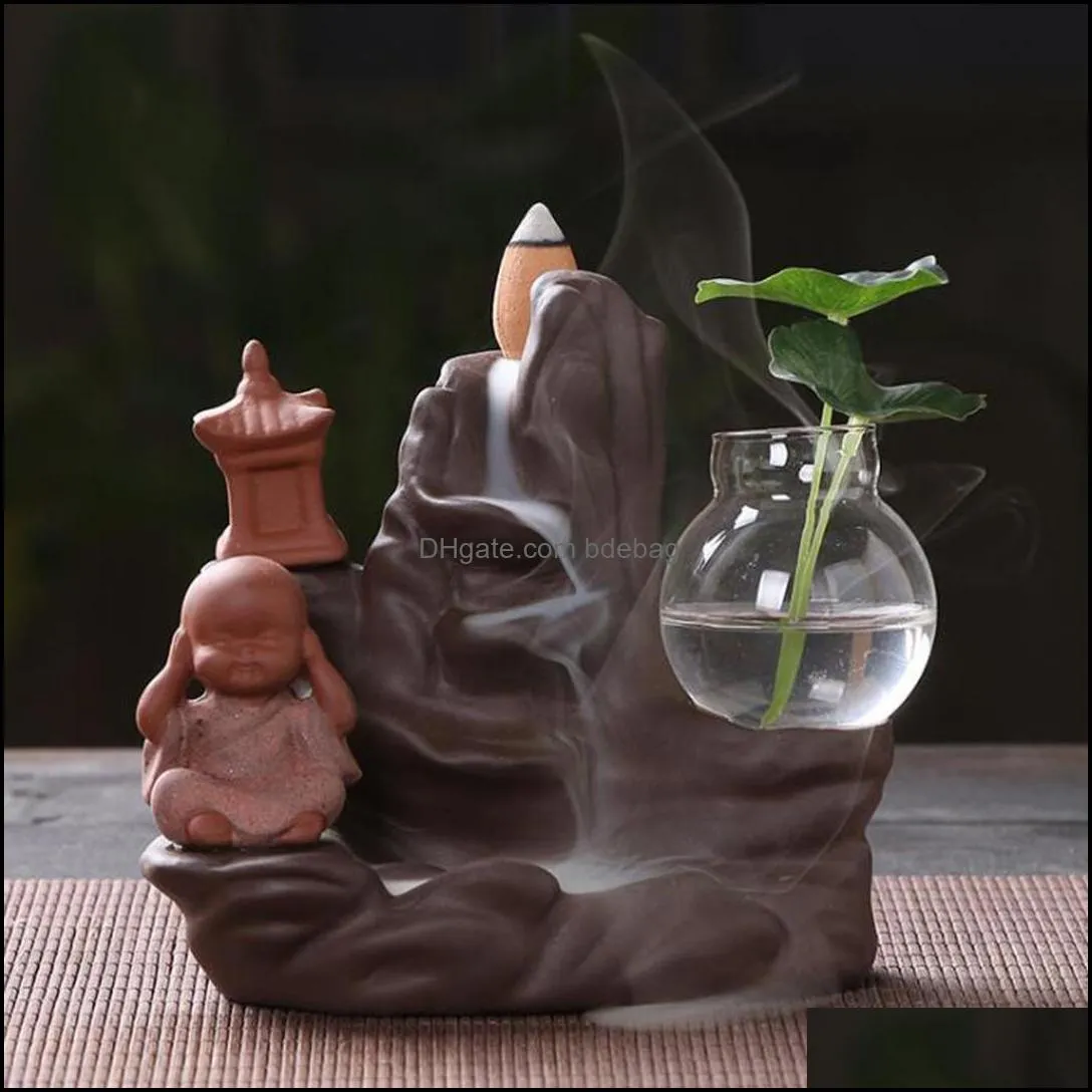 Backflow Incense Burner Holder Ceramic Little Monk Small Buddha Waterfall Sandalwood Censer Creatives Home Decor with 10 Cones