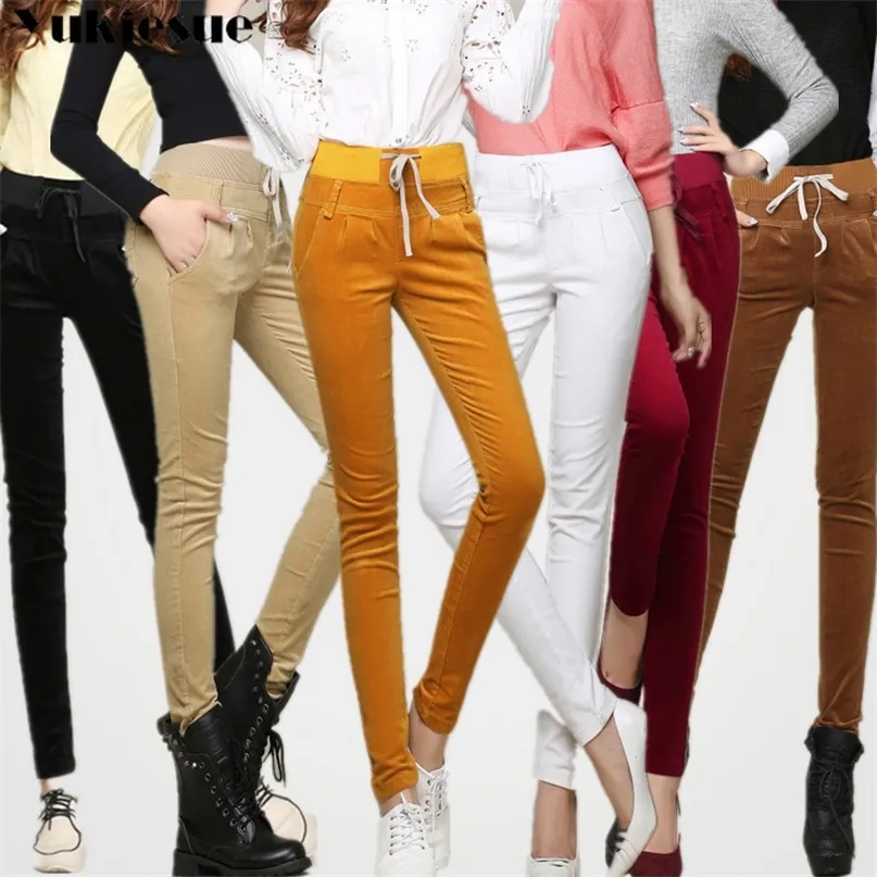 Calças de veludo para mulheres na cintura alta e elástica de inverno de tamanho grande calça lápis calças femininas femininas perneiras Pantalon femme 210412