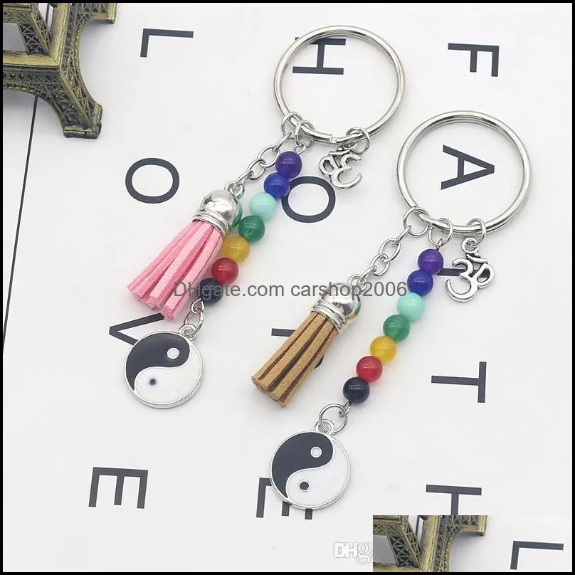 wholesale handmade colorful seven chakras Yoga Keychain personality Tai Ji pendant tassel Keyfob Metal fitness key rings