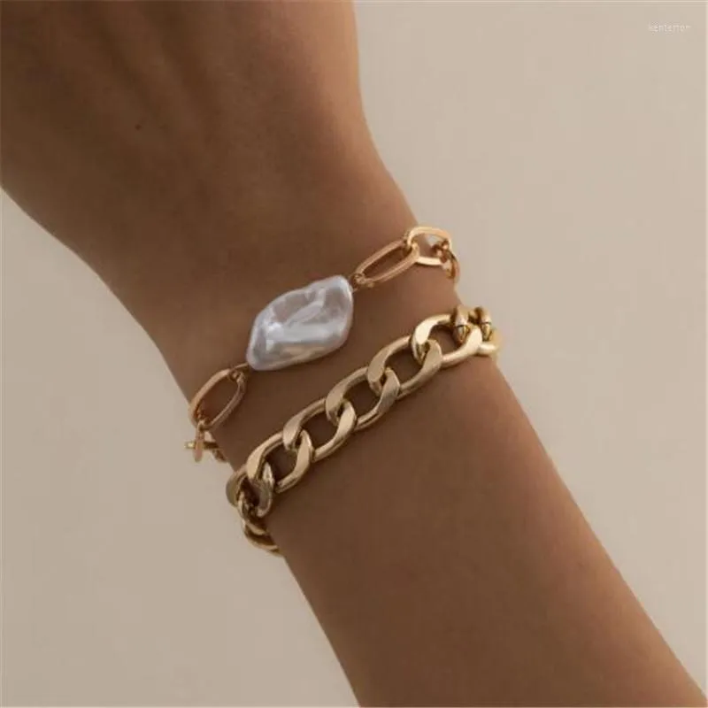 Link Chain Bohemian Style Geometric Imitation Pearl Armband Gold and Silver Color Metal Set Women's Jewel Gifts Kent22