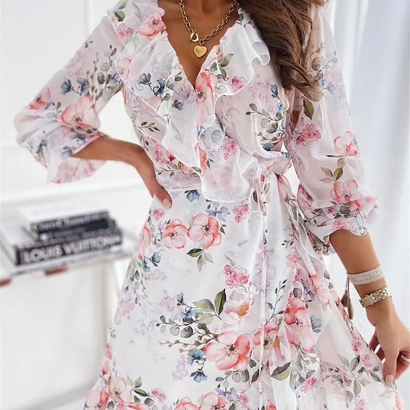 Dicloud Summer Women Dress Elegant Sexy Boho Floral Print Chiffon Autumn Long Sleeve White Ruffle Party Day Ladies Vestido 220518