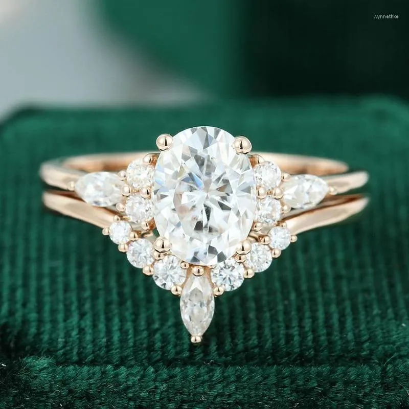Obrączki ślubne Zestaw pierścionków zaręczynowych Vintage Unikalne Różowe złoto Damskie Marquis Diamond Wynn22