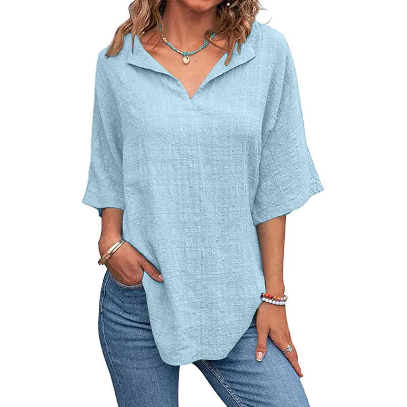 Kvinnor Solid V Neck Shirts Short Sleeve Cotton Linen Blus Summer Loose Fit Casual Girl Tunic Tops Kläder Casual Tunic Tops L220705