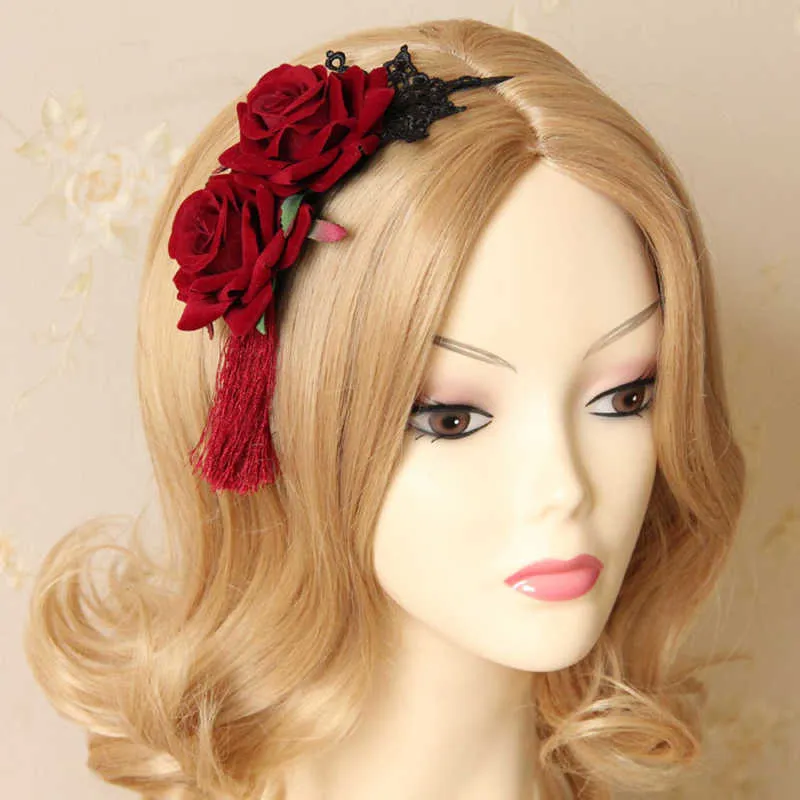 Black Lace Headband with Red Rose & Tassel Uk Vintage Flower Lace Headbands Halloween Accessories for Kids