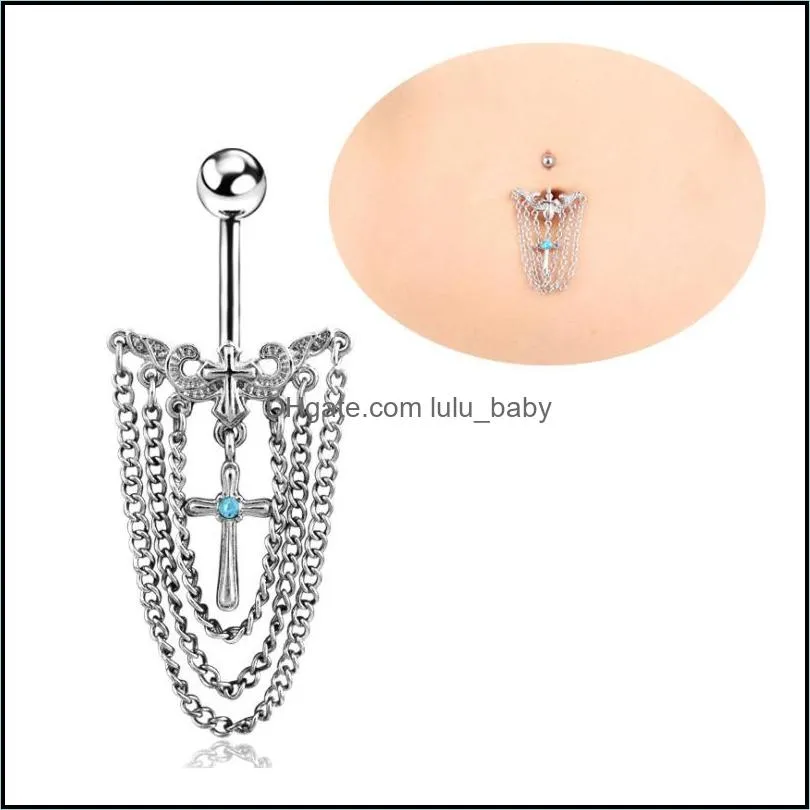 14g chain dangle belly button ring stainless steel alloy cross tassel navel barbell piercing jewelry for women