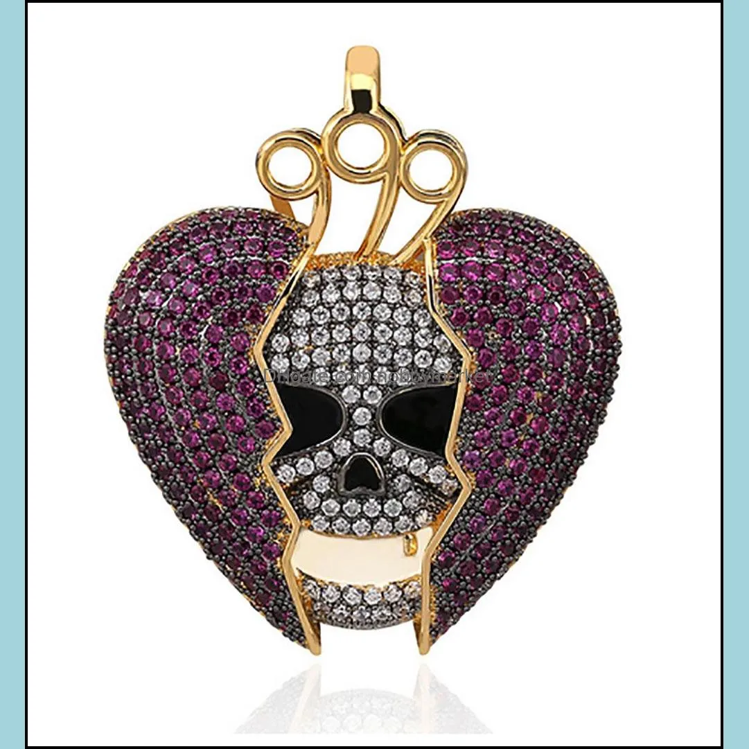 14K Iced Out Skull Skeleton Purple Heart Juice Wrld Pendant Necklace Micro Pave Cubic Zircon Hiphop Fashion Jewelry