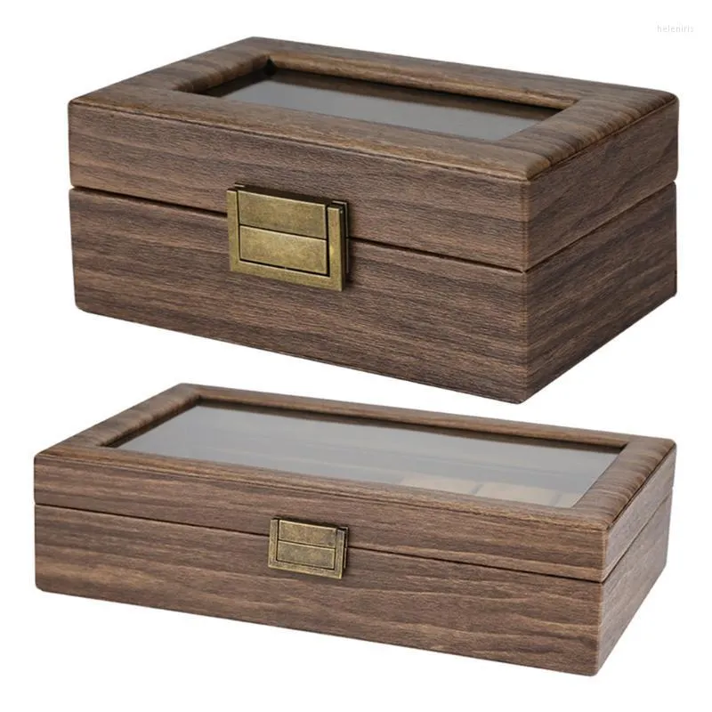 Titta på rutor Fall Vintage Box Wood Display Case Organizer Glass Smycken Lagring 6 Slotswatch Hele22