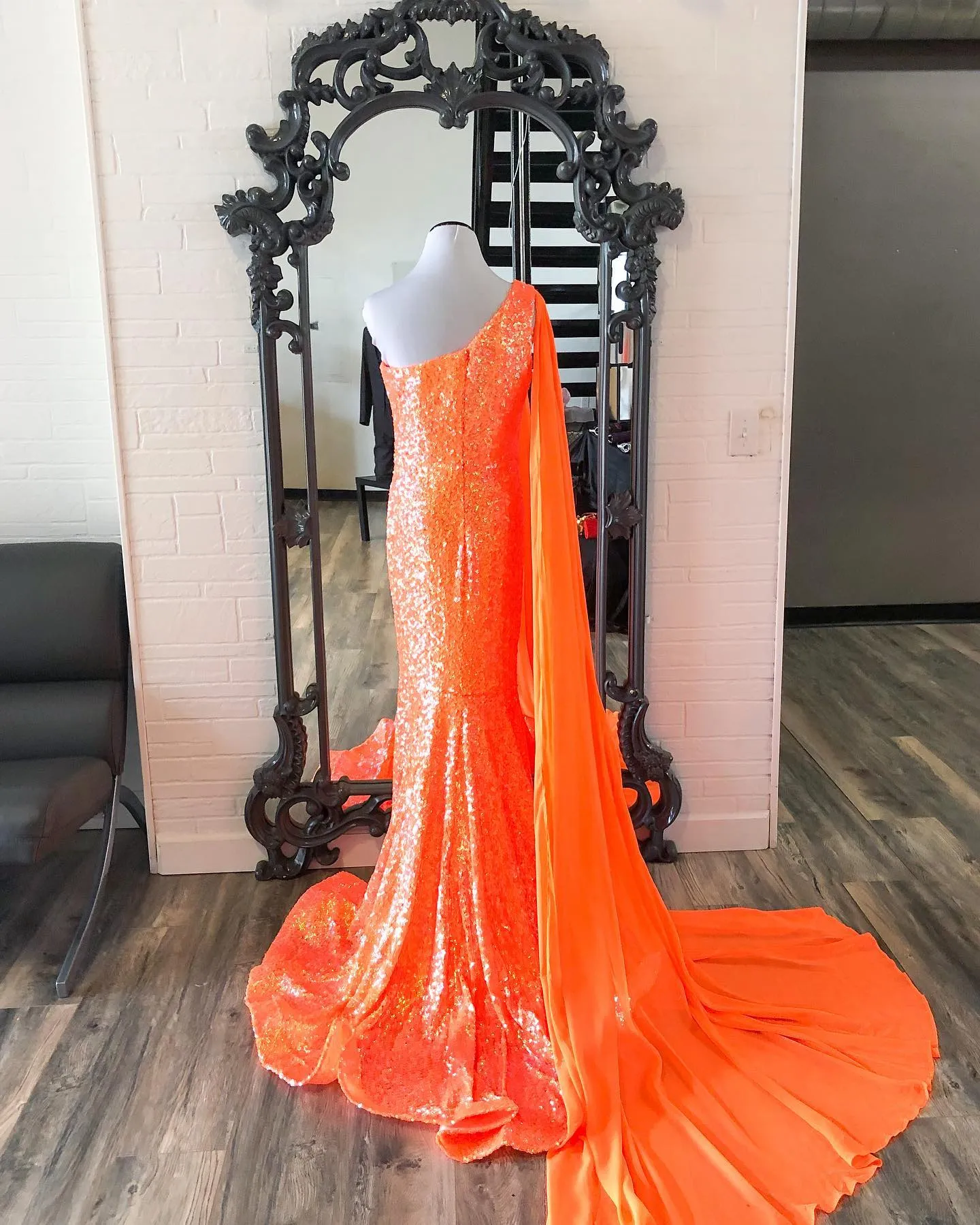 Sequin Mermaid Prom Dress, One-Shoulder Chiffon Cape Evening Gown with High Slit, Orange, Purple, Fuchsia, Blue, 2024 Sequin Mermaid Prom Dress, One-Shoulder Chiffon Cape Evening Gown with High Slit, Orange, Purple, Fuchsia, Blue, 2024