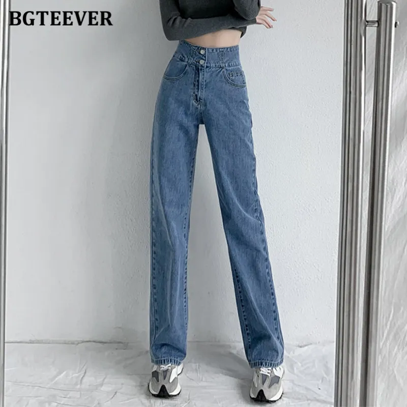 BGTEEVER Pantaloni jeans da donna dritti a vita alta con bottoni larghi vintage BGTEEVER 220526