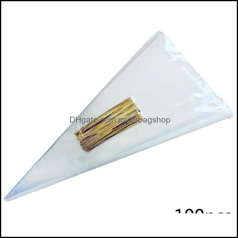 Gift Wrap 100pcs Transparent Cone Bags Clear Cello Sweets Treat With Gold Silver Twist Ties Pouches Decoration 13*25cm