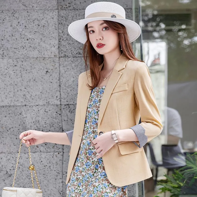 Women's Suits & Blazers Summer Cotton Blazer Women Office Lady Set Pink Button Ladies Tops Polyester White Jacket Bleizer De MujerWomen's