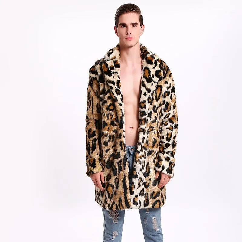 Erkekler kürk sahte 2022 moda erkekler leopar uzun ceket açma yakalı trendler deri ceket erkekler gevşek sıcak palto1