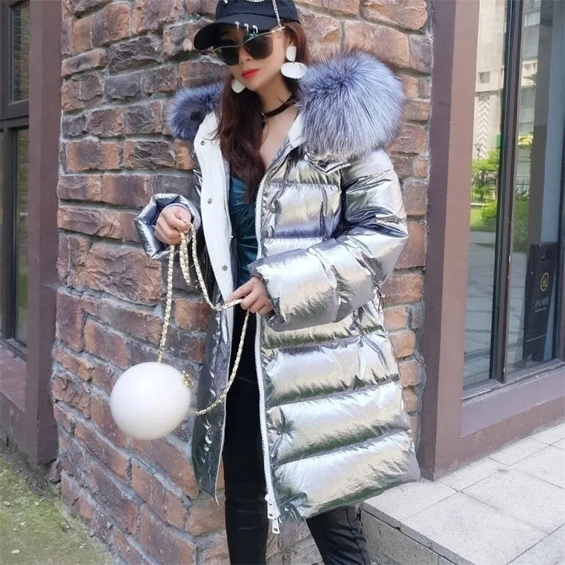 Maomaokong Women's Down Coat Silver Shilly Shiny Parka Coat Real Raccoon Fur Collar Long Winter Coat 201127