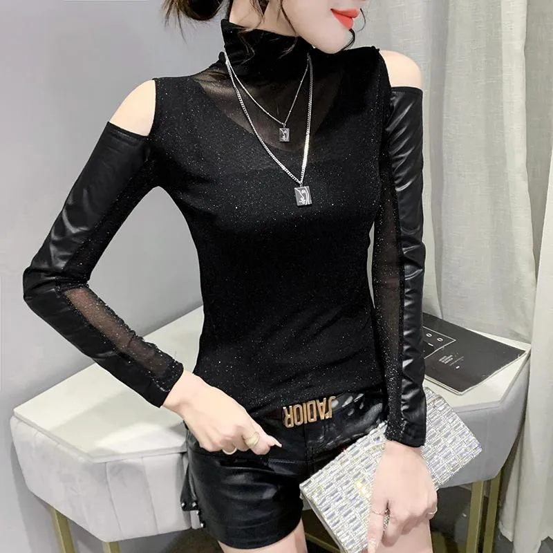 Women's T-Shirt Bottoming Shirt Net Yarn And Leather Sexy Off-the-shoulder Western Style Long-sleeved