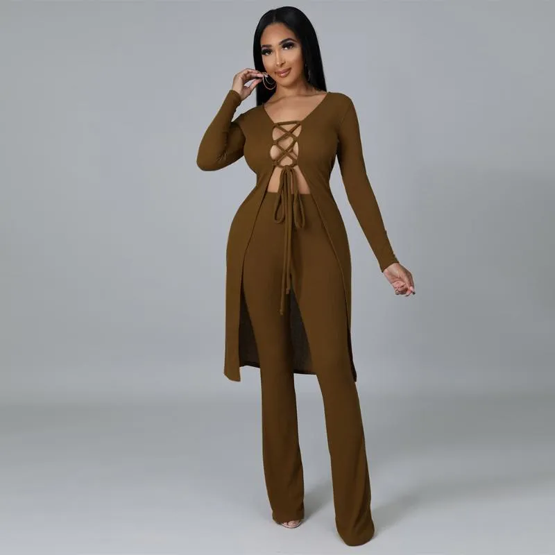 Women's Two Piece Pants Autumn Winter Ribbed Knitted 2 Pant Suits Women Casual Lace Up Drawstring Long Sleeve Tops And Bodycon Flare Trouser