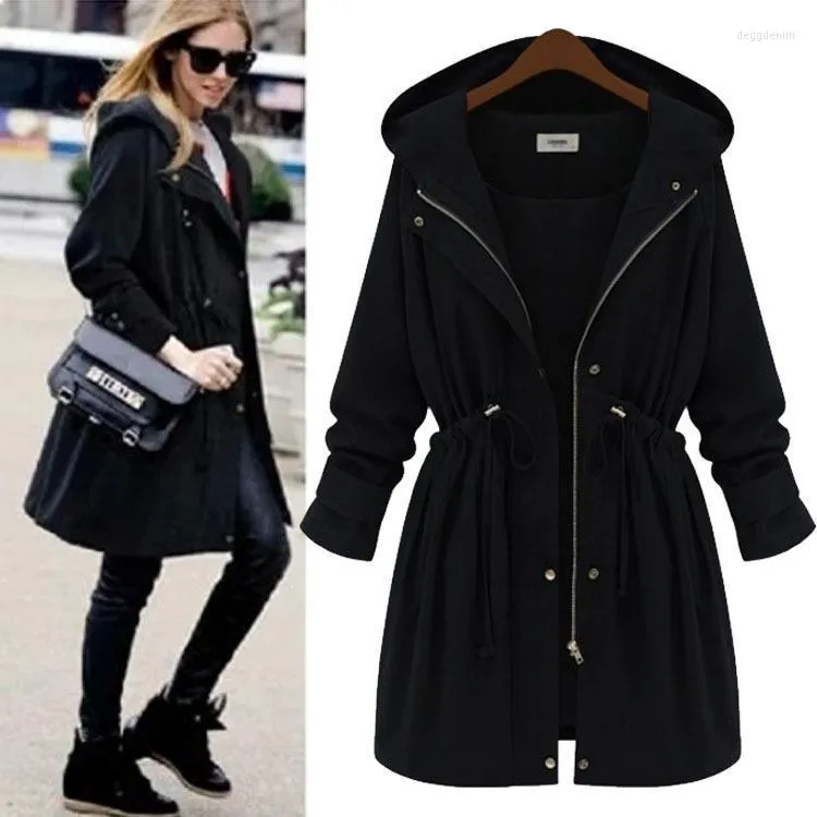 Women's Trench Coats Ladies Cute And American Style Hooded Long Woman Casual Elastic Waist Black Green Plus Size Female Coat